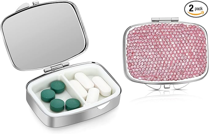 Soleebee Bling Crystal Pill Box, Portable 2 Compartments Daily Pill Organizer, Small Travel Pill Case for Purse or Pocket, Medicine Vitamin Pill Container Organizer (Pink)