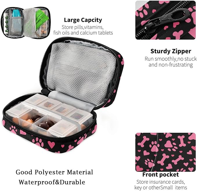 Fustylead Pink Dog Paw Prints Hearts and Bones Pill Organizer and Storage Weekly with Zipper, Removable Pill Box Portable Medicine Organizer for Vitamin Fish Oil Supplement