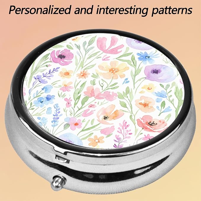 Round Pill Case Small Pill Box with Mirror Pocket 3 Compartment Vitamin Pill Medicine Case Organizer Pill Containers for Traveling Oil-Painted Wildflowers One
