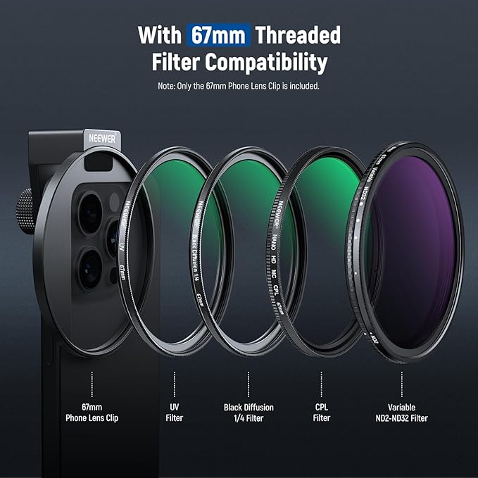 NEEWER 67mm Phone Filter Mount, Adjustable Threaded Lens Filter Clip with Cold Shoe Mount Compatible with iPhone 17 16 15 Pro Max Plus 14 13 Samsung Galaxy S25 Ultra S24, LA006