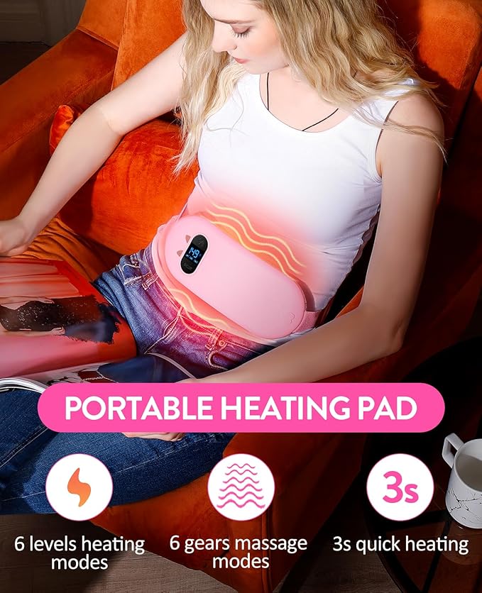 Portable Cordless Heating Pad, Heating Pads for Period Cramps, Back Pain with 6 Heat Levels 6 Massage Modes, Gift Set for Women