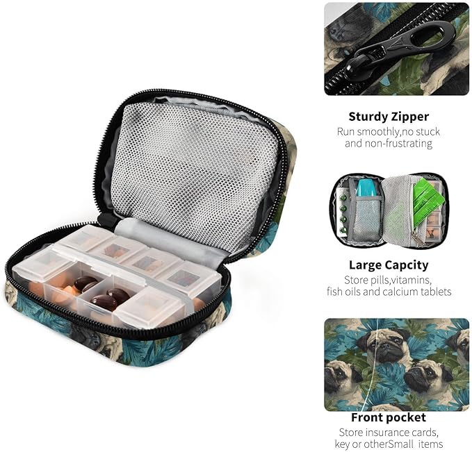 Pill Organizer Case Pouch Hawaiian Pug Print for Travel, Portable Pill Box Supplement Holder 7 Days