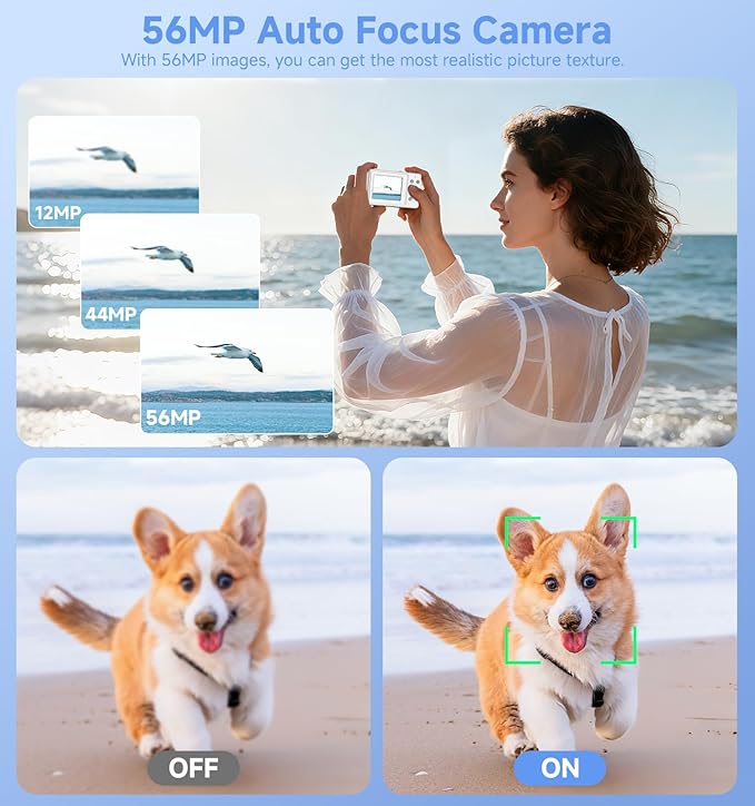 Compact Camera,56MP Dual-Screen Digital Camera for Teens with Auto Focus,Smile Capture,Anti-Shake,16X Zoom,32GB SD Card Camera Digital Gift for Boys Girls Teens