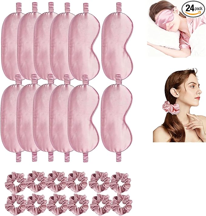 24Pcs Satin Eye Mask Silk Sleep Masks Silky Eyes Cover Blackout Blindfold Eyeshade Scrunchies Hair Ties Travel Wedding Gift