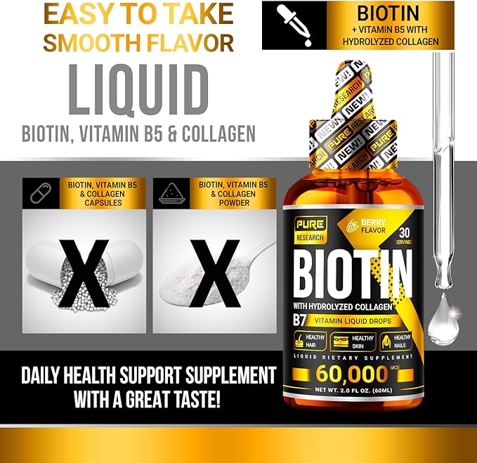 PURE RESEARCH Liquid Biotin & Collagen Hair Growth Drops 60,000mcg – Biotin and Liquid Collagen Supplements for Women & Men – Supports Glowing Skin, Healthy Hair & Nail Growth (2Fl Oz)