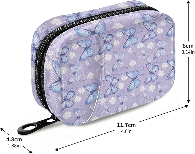 Purple Butterfly Floral Medication Organizer Bag Travel Size Full-Print Zippered Pill Case with Compartments for Handbags Backpacks & More