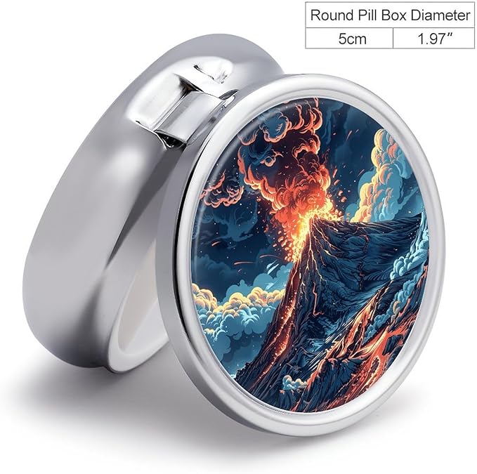 Depicts A Volcano Pill Box Travel Pill Case for Purse Pocket Weekly Medicine Organizer with Mirror 3 Compartment Round Medicine Case Portable PillcaseHolder for Daily