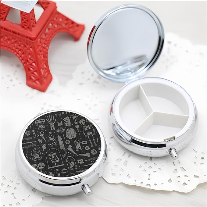 Pill Box 3 Compartment Pocket Small Pill Organizer Mini Metal Pill Holder Travel Portable for Man - Gothic Skull