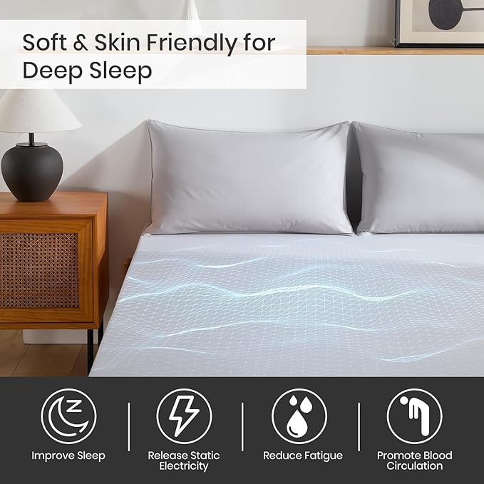 Grounding Sheets King Size, 12% Silver Fiber 88% Organic Cotton Fitted Grounded Sheet, Earthing Fitted Sheet with Ground Connection Cord for Better Sleep (71"x 80"x 15", Gray)