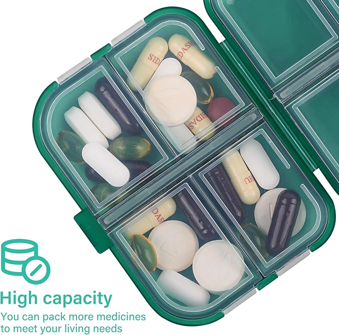 Travel Pill Organizer Small 8 Grid Compartments Pill Holder Box - Portable Medicine Container Case - Daily Weekly Medication Organizer