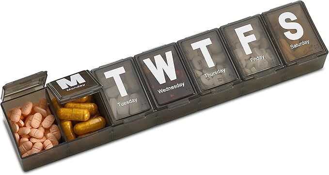 Weekly Pill Organizer - Extra Large with Easy to Read Jumbo Letters Vitamin Container, BPA Free - Daily Travel 7 Day Medication Pill Box Case, (Black, Case of 100)