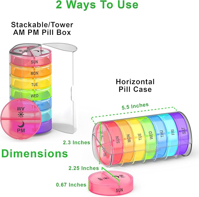 Weekly Pill Organizer 2 Times a Day - Large Capacity –Travel Pill Box 7 Day with Airtight Lid Lock – Portable Pill Case for Purse – Ideal for Vitamins, Supplements, and Fish Oil Pills (Rainbow)