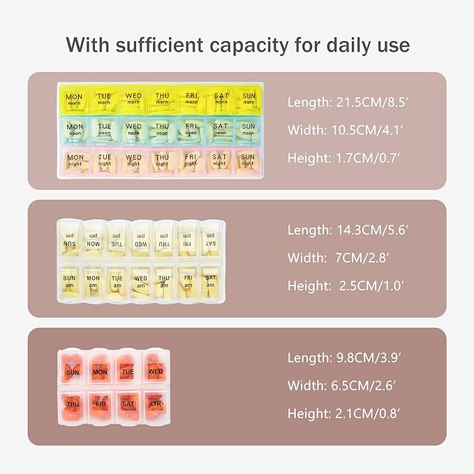 Weekly Travel Pill Organizer 3 Times A Day Pill Case for Purse with Removable 7 Day Pill Box Holder,Cute Medication Organizer Pill Container for Medicine, Vitamin, Fish Oils,Supplement (Brown, Large)