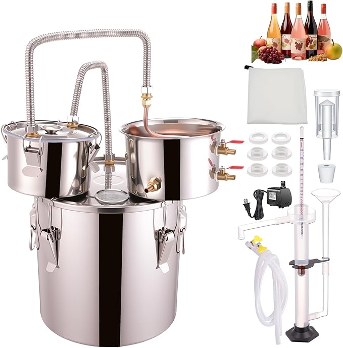 Shine Still 8 GAL 3 Pots Distillery Kit Stainless Steel Copper Tube Complete with Thumper Water Pump Metal Thermometer Airlock Brew Bag Proof Parrot Alcoholmeter Test Kit for Whiskey, Brandy etc.