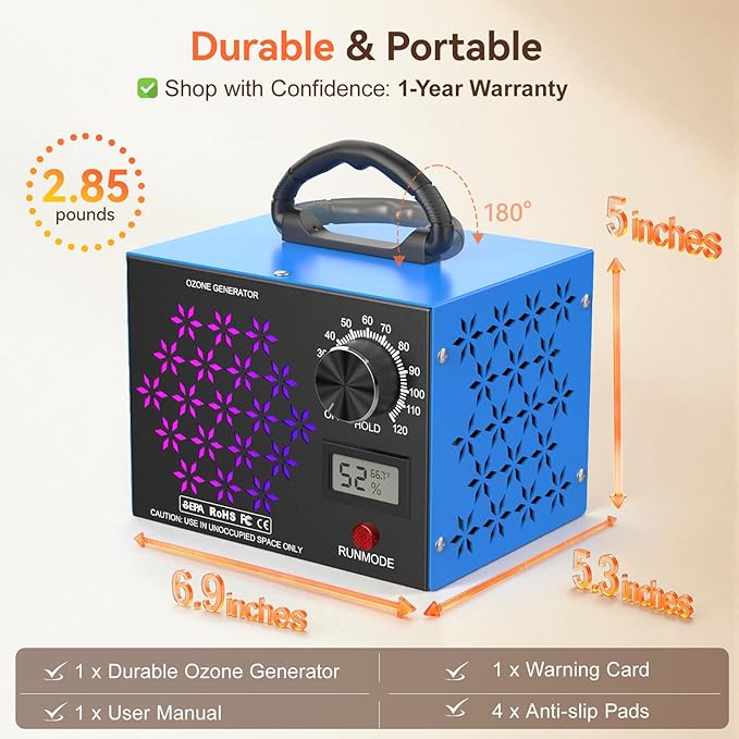 120,000mg/h Ozone Generator Machine with Temp/Humidity Display, Triple Side Vents for Enhanced Airflow - Faster & Wider Ozone Odor Eliminator Air Purifier for Home Car Pets, Up to 6000 Sqft, Blue