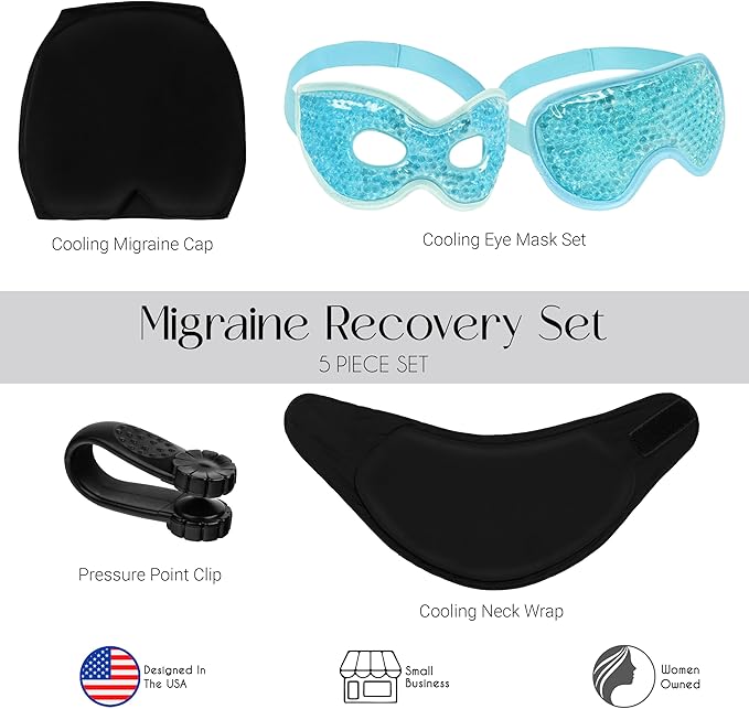 Migraine Relief 5pc Set (Incl. Headache Cap, Pressure Point Clip, Cooling Eye Masks, Neck Ice Pack Wrap) for Tension, Headaches, Stress, Hangover, Fatigue, Relaxation Self Care Gifts for Women & Men