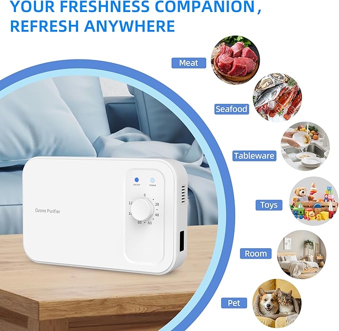 800mg/h Multipurpose Ozone Machine with Timer, for Air and Water, Portable for Home, Office, Car, Hunting, Kitchen, Cold Plunge, Fruits & Vegetables