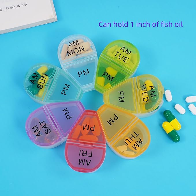 Cute 7 Day AM PM Pill Organizer, Twice a Day Weekly Pill Box with 7 Color Coded Compartments, Flower Shape Portable Travel Pill Case for Vitamins, Supplements and Medications (Multicolor, Small)