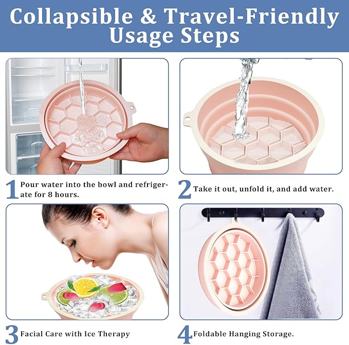 2-in-1 Silicone Face & Drink Ice Bowl - Collapsible Cryotherapy Mold for Facial Icing & Beverage Chilling, Portable Cold Plunge Basin Reduces Puffiness & Cools Drinks (Pink)