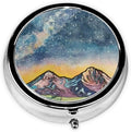 Metal Silver 3 Compartment Pill Box Pocket Portable Mini Travel Pill Case Small Round Decorative Medicine Box Vitamin Pill Organizer with Starry Sky Mountain