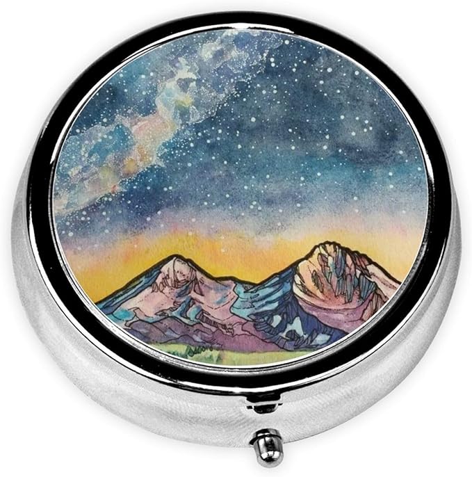 Metal Silver 3 Compartment Pill Box Pocket Portable Mini Travel Pill Case Small Round Decorative Medicine Box Vitamin Pill Organizer with Starry Sky Mountain