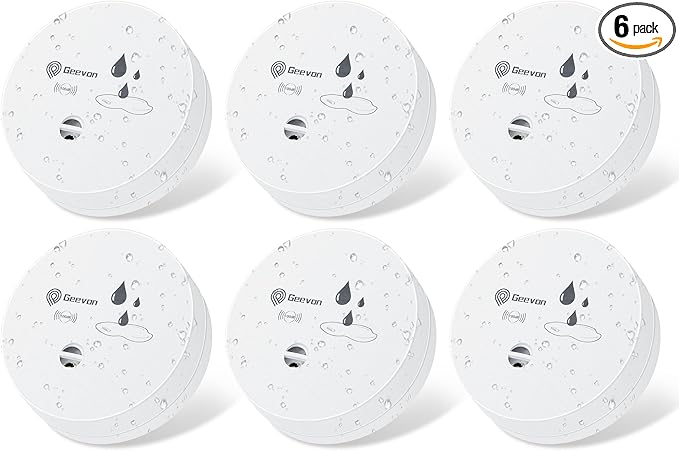 Geevon 6 Pack Water Leak Detectors, 100dB Water Sensor Alarms Flood Detector for Basements, Bathrooms, Laundry Rooms, Kitchens, Garages, and Attics, Water Alarms Battery-Operated (Battery Included)