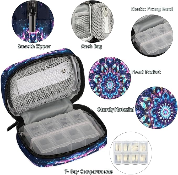 Mandala Purple Flower Travel Pill Organizer Box Weekly Portable Pill Case Daily Pills 7 Day Small Birth Control Pills Container Removable Compartments for Medicine Vitamins Fish Oil