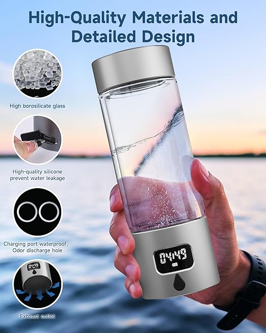 Hydrogen Water Bottle - Portable Rechargeable Water Bottle with LED Timer, Aluminum and Glass, 5000 PPB Hydrogen Production, Gift for Husband Wife Father Friend Client (Grey, 11.6Oz)