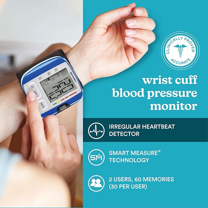 HoMedics Blood Pressure Monitor, Automatic Wrist Blood Pressure Machine with Easy One-Touch Operation, Stores up to 30 Readings for 2 Users, Attached Blood Pressure Cuff and Storage Case Included