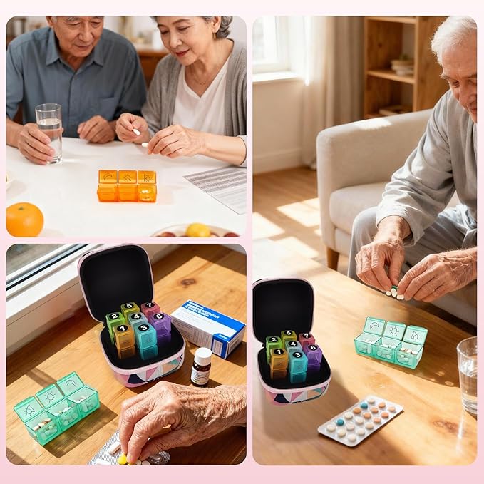 Weekly Pill Organizer, 7-Day Medicine Box with Hard Shell Case, 3 Times Daily Dosage Schedule, Plastic Rectangular Design, Includes Pill Cutter and Weekly Stickers,Multicolor