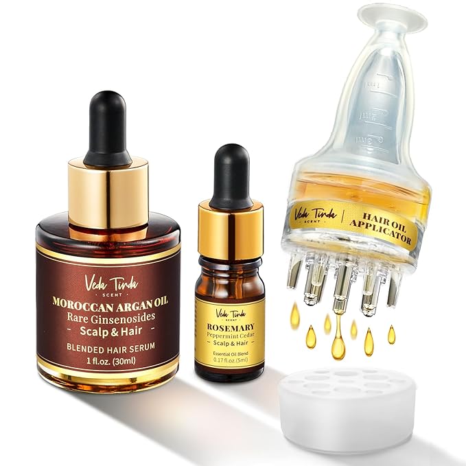 Rosemary Hair Growth Oil Set - Scalp Massager Applicator and Moroccan Argan Oil-Infused Serum for Hair Regrowth and Scalp Health Care