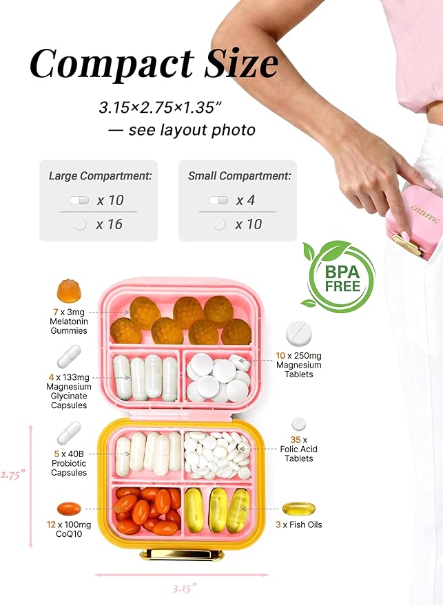 Small Pill Case Travel Pill Box with 7 Compartments for Purse - Compact Pill Organizer for Medicine Vitamin - Portable Container for Fish Oil & Supplements - Soft Pink