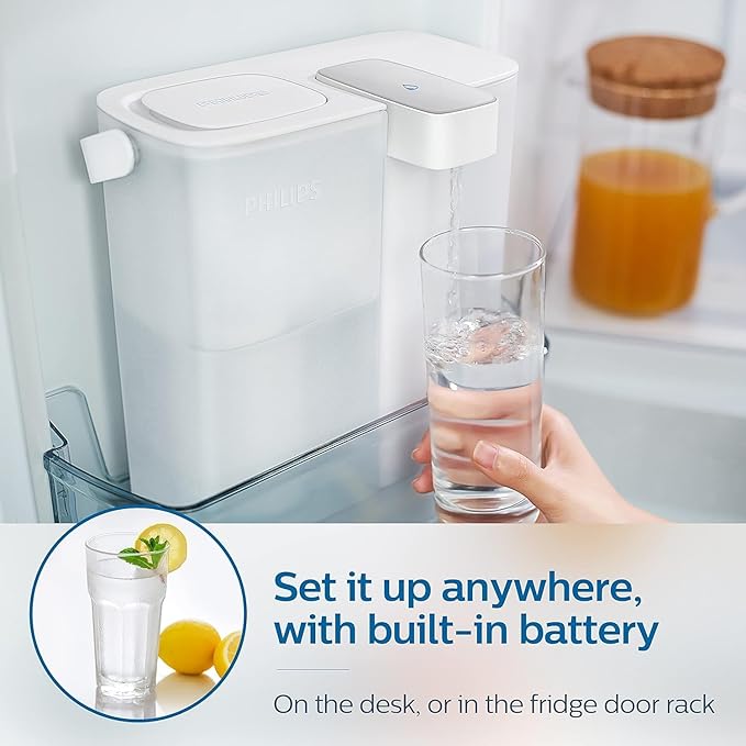 PHILIPS Water Filter Pitcher, GoZero Next-gen Instant Water Purifier Filter Dispenser with Rechargeable Battery Mirco-X Clean Tech, Reduce Chlorine Lead Copper for Fridge Door 12Cup 3Filter for 9month