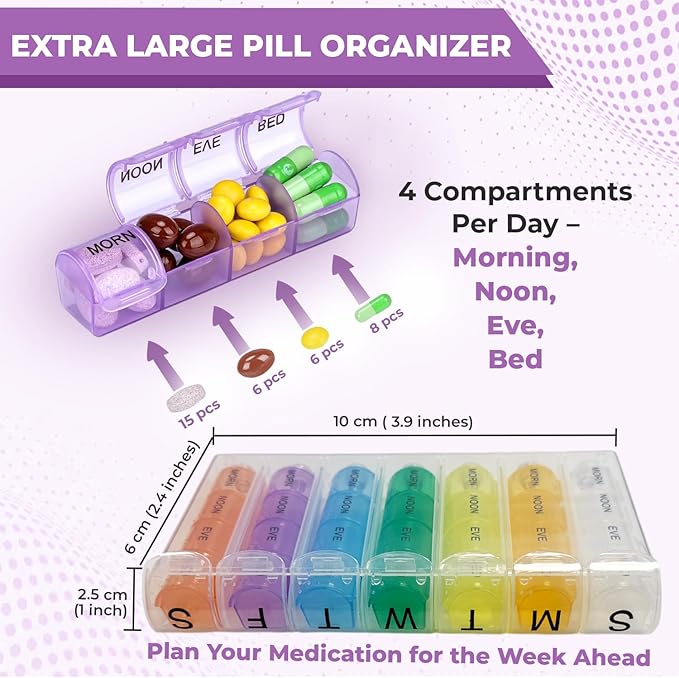 Pop Up Weekly Pill Organizer 4 Times A Day — Large Travel Pill Case w/ 28 Compartment to Hold Medication, Vitamin & Supplement — Daily Pill Box 7 Day — Moisture-Resistant Large Medicine Cases