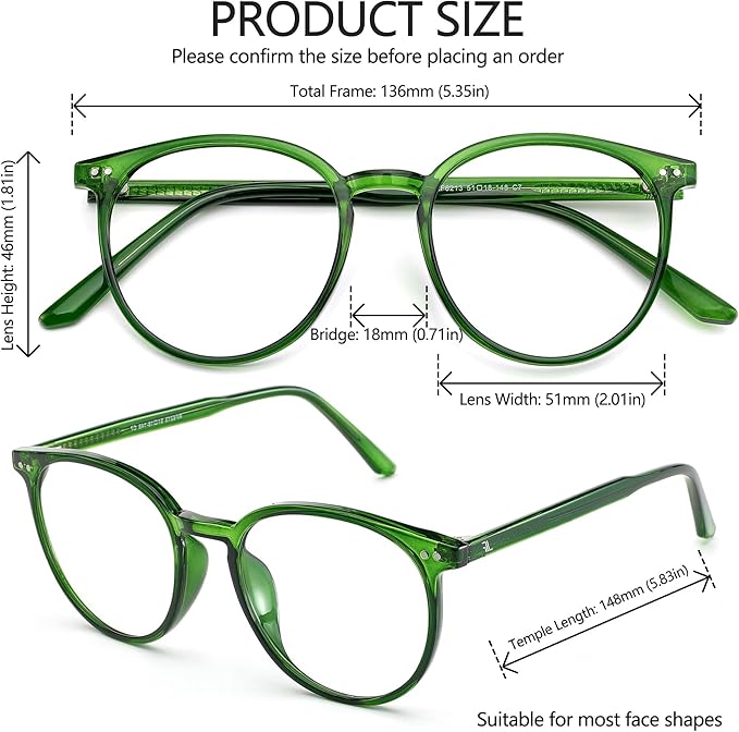 Blue Light Blocking Glasses for Women and Men, Round Frame Computer Gaming Anti Eyestrain & UV Glare RF6213 (Basil Green)