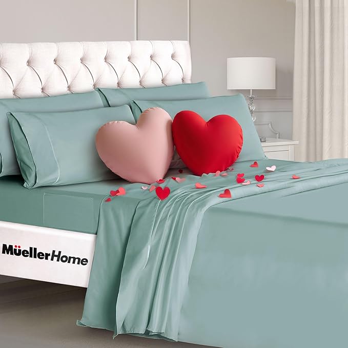 Mueller Luxury 6 Piece Queen Sheet Set - Ultra-Soft 1800 Series, Cooling & Breathable Hotel Quality Bed Sheets, Deep Pocket up to 16" - Hypoallergenic, Wrinkle-Resistant, Oeko-TEX, Light Teal