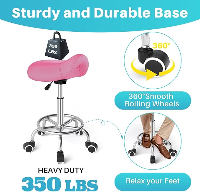 YEEZEE Saddle Stool Ergonomic- Comfortable Rolling Saddle Stool with Wide Thick Saddle Seat Padding, Swivel Adjustable Saddle Chair with Wheels and Ring Pedal for Medical Massage Salon (Pink)