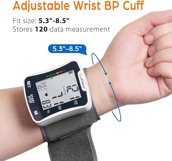 LotFancy Wrist Blood Pressure Monitor for Home Use with Voice Broadcast, Blood Pressure Machine Adjustable Wrist Cuff 5.3"-8.5", Automatic BP Cuff 120 Readings 2 User, Large LCD Display, Carrying Case
