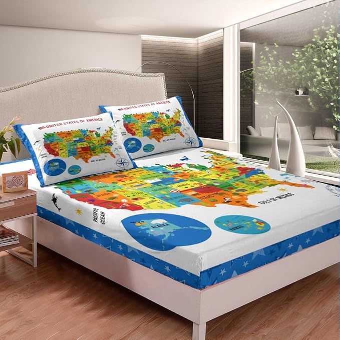 US Geography Bedding Set Full Size, Geography USA Map Bed Sheet Set for Kids Boys Girls Teens Learning Educational Fitted Sheet Educational Map Bed Cover 3Pcs (No TOP Sheet)