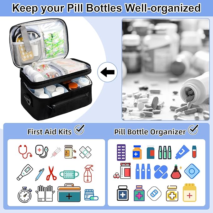 Medicine Bag for Traveling with Portable Small Pouch, Double Layer Pill Bottle Organizer Storage Case with Lockable Zippers, Carrying Medication Travel Case with Shoulder Strap (BAG ONLY) Black
