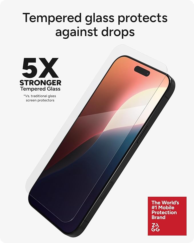 ZAGG Glass Elite Screen Protector for iPhone 16/15-5X Stronger, Reinforced Edges, Ultra-Strong Tempered Glass, Scratch Resistant, Anti-Smudge, Easy Installation, InvisibleShield, Eco-Friendly