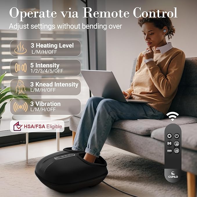 FSA Eligible Shiatsu Foot Massager for Plantar Fasciitis, HSA Store Feet Massager with Heat, Vibration and Compression, Deep Kneading for Tired Feet and Neuropathy, Mother Day Gift (with Remote)