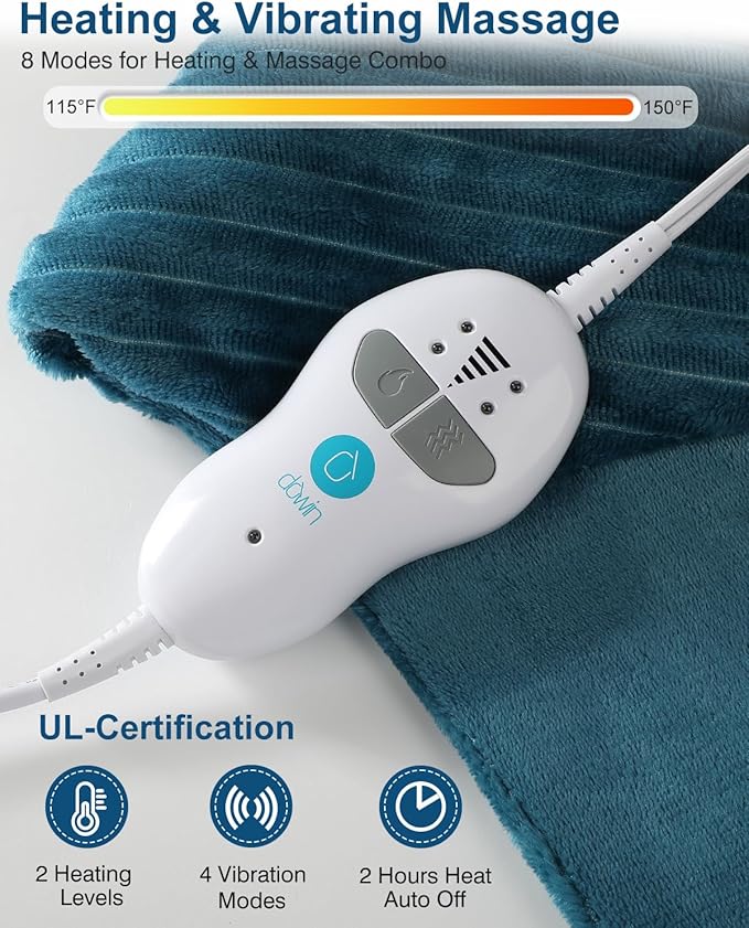Dowin Vibrating Heating Pad for Neck and Shoulders,24"x35" Large Heating Pads for Back Pain Relief with 2 Massagers,Auto-shutoff,2 Heat Settings,4 Massage Modes,Machine Washable,Teal