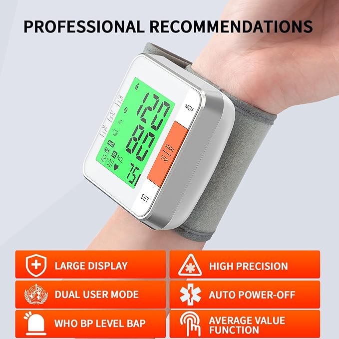 Blood Pressure Monitors for Home Use Accurate Wrist Blood Pressure Machine Adjustable 5.3"-7.7" BP Cuff for Home Use 2x120 Sets Memory Backlight LCD Display with Carrying Case