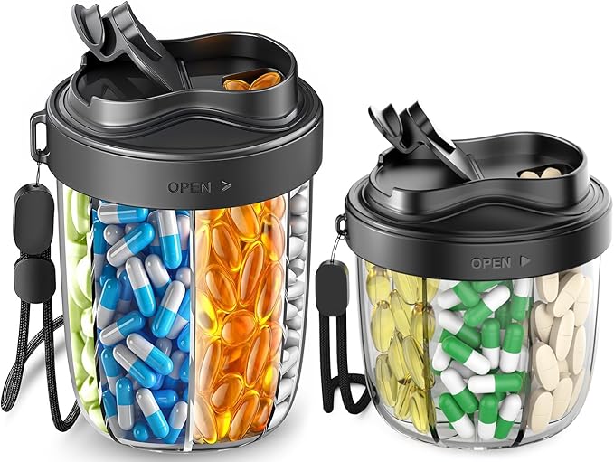 Pill Organizer,Pill Dispenser with 7 Large Compartments,Portable Pill Bottle Box with Wide Opening for Easy Use, Anti-Mix Pills Organizer for Travel,Includes 20 Pcs Sticky Labels（Black & Black）