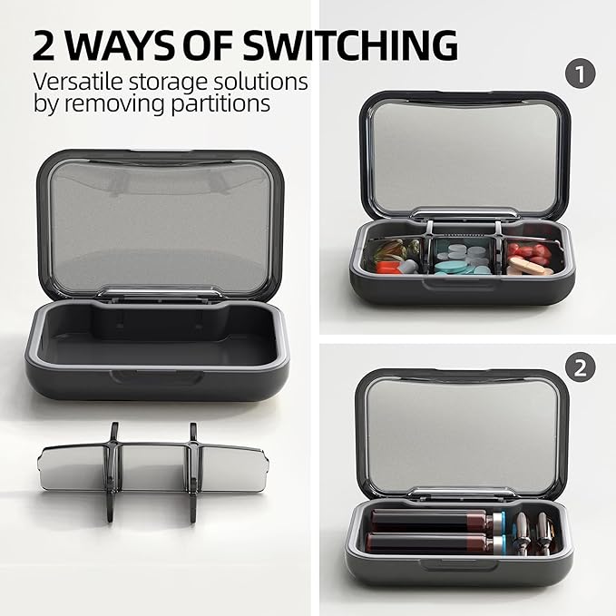 Portable Pill Box, Pill Organizer with 6 Compartments, Daily Medicine Pill Case, Pocket Size Pill Box for Travel, BPA Free Small Pill Container for Vitamins, Fish Oil, Supplements (Black)