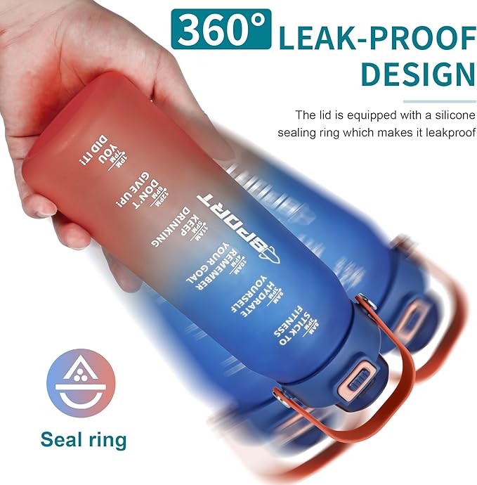 Motivational Water Bottle 32oz with Time Marker- Leakproof & BPA Free Sports Water Bottle with Straw & Carry Strap for Gym, Travel and Outdoor Sports (Blue/Orange Gradient)
