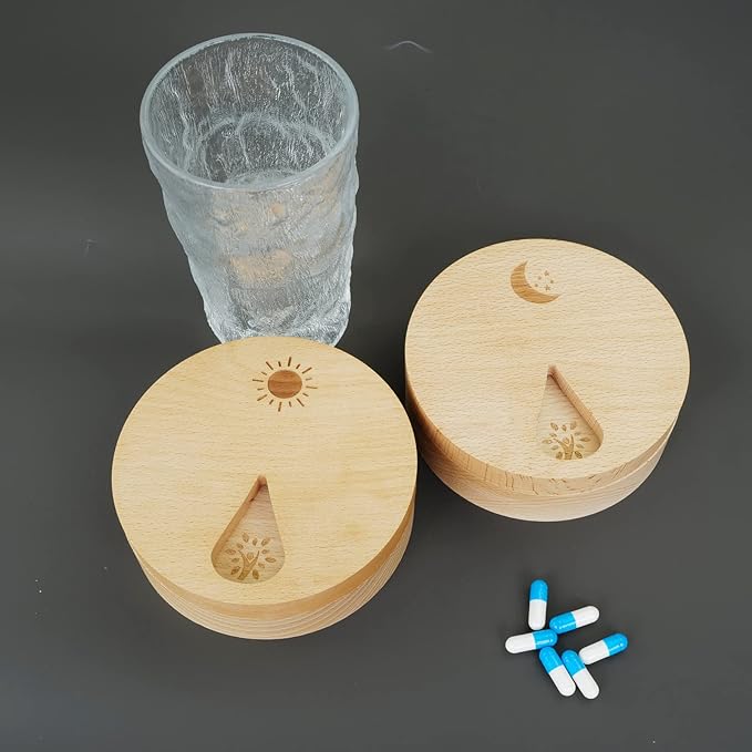 AM&PM Set of 2 Wood Weekly Pill Organizer for Medicine Vitamin 2 Times a Day,Arthritis Friendly 7-Day Pill Box Medium Compartments Holder,Daily Portable Travel Pill Case with Velvet Bag