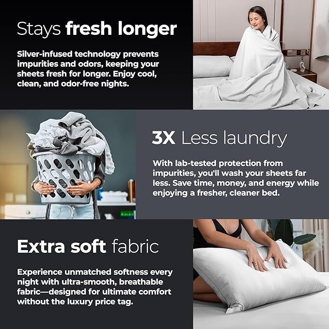 Silvery Silver Infused Bed Sheets Set - Ultra-Soft Temperature-Regulating Fabric with Self-Cleaning Technology™ That Stays Fresh 3X Longer for Hygienic Sleep