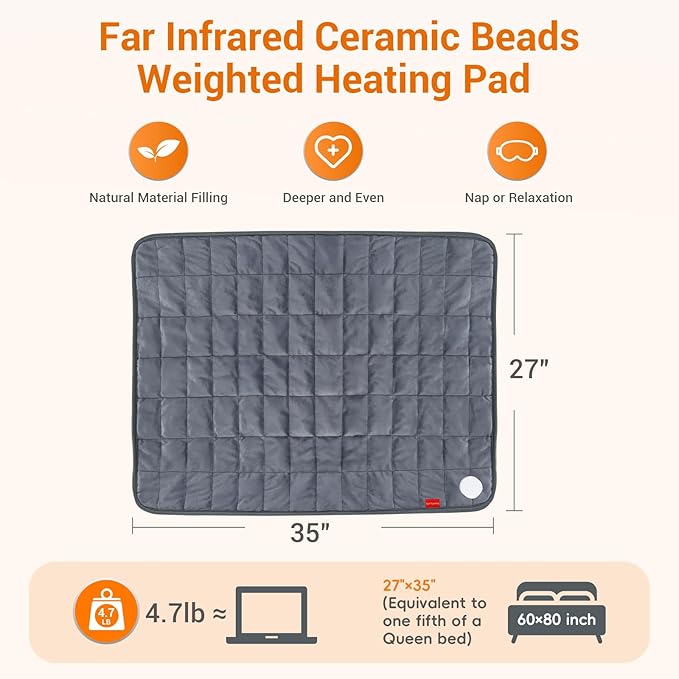 Comfytemp Far Infrared Large Heating Pad 27"×35" for Deeper Back & Period Relaxation, FSA Eligible Weighted Electric Heat Pad with Evenly Filling Ceramic Bead for Better Fit, HSA King Size Heated Pad
